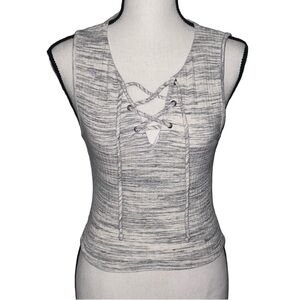 Tres Bien Gray & White Lace Up Ribbed Tank Size Small